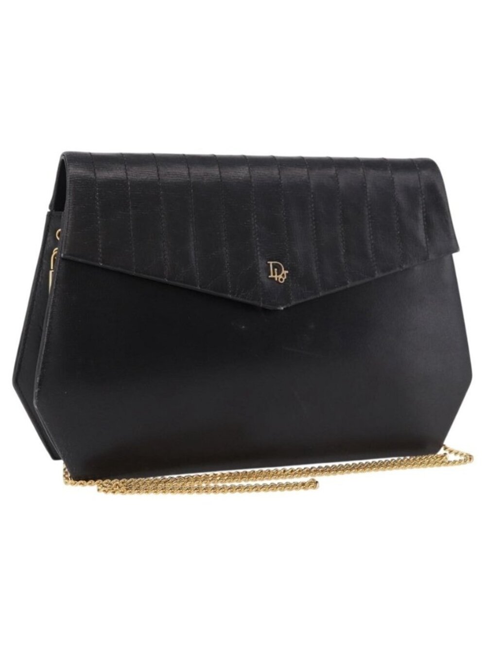 Authentic Christian Dior Chain Shoulder Bag Leather Black Gold